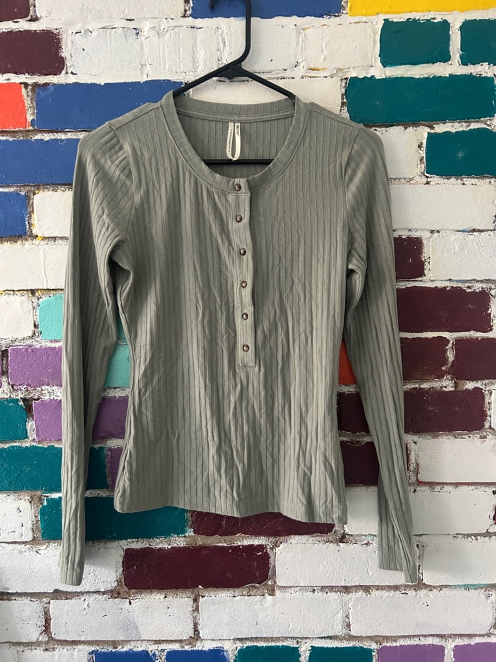 Anthropologie Ribbed Henley Long-Sleeve Top — Sage